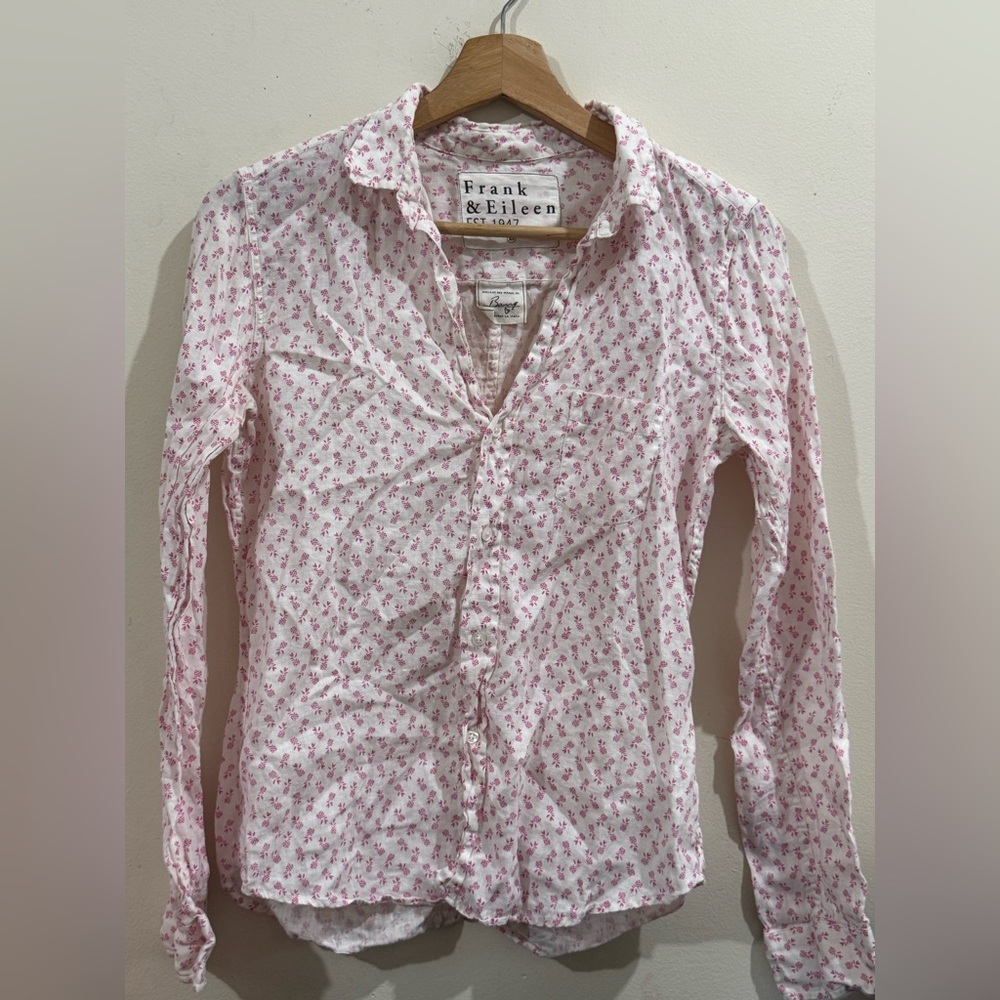 Frank & Eileen White Button-Down Shirt with Pink Floral Print